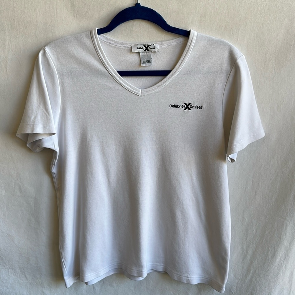 Celebrity Cruises branded white V-neck tee, size L